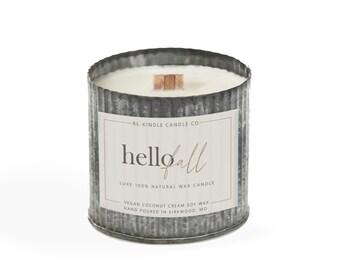 Hello Fall Candle in Rustic Tin - Apple, Cinnamon, Vanilla - Autumn Scent - Handcrafted luxury vegan hand poured fall candles baked apple