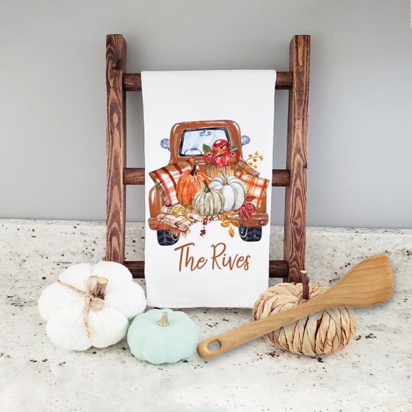 fall tea towel | vintage pickup truck with pumpkins dish towel | autumn pumpkins personalized tea towel | striped holiday dish towel mtt-019