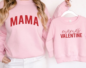 Mom and Baby / Kid Matching Valentine's Day Sweatshirts - Mama and Mama's VALENTINE - Personalized Sleeve Option - Red or Pink sweatshirt