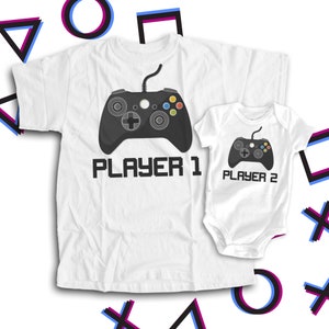 Video game player 1 and player 2 matching dad and kiddo t-shirt or bodysuit gift set great gift for video game loving dad 22FD-005-Set image 1