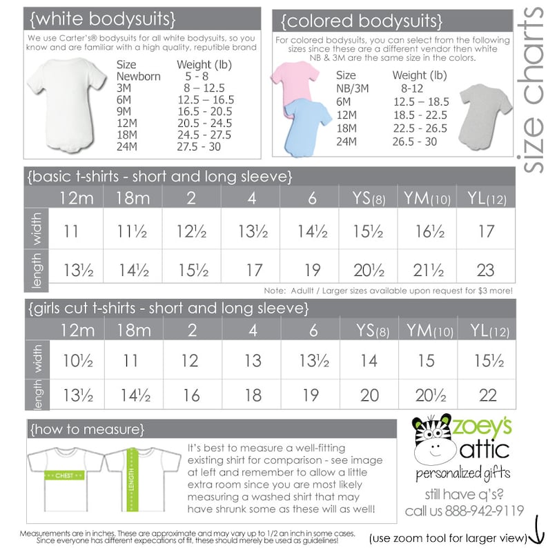 K&ouml;nnte beinhalten: Gr&ouml;&szlig;entabelle f&uuml;r wei&szlig;e und farbige Bodys, Basic-T-Shirts und M&auml;dchen-T-Shirts mit kurzen &Auml;rmeln. Die Tabelle enth&auml;lt Gr&ouml;&szlig;en f&uuml;r Neugeborene, 3 Monate, 6 Monate, 9 Monate, 12 Monate, 18 Monate, 24 Monate und Jugendgr&ouml;&szlig;en. Die Tabelle enth&auml;lt auch die Ma&szlig;e f&uuml;r L&auml;nge und Breite in Zoll.
