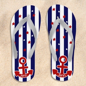 anchor personalized flip flops  - red white blue stars and stripes july 4th patriotic summer flip flops womens FSSFF