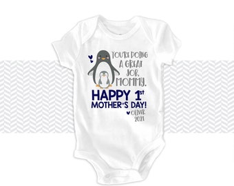 First Mother's Day bodysuit | PENGUIN personalized first mothers day gift from baby boy or girl | 1st mother's day gift from child 22MD-016