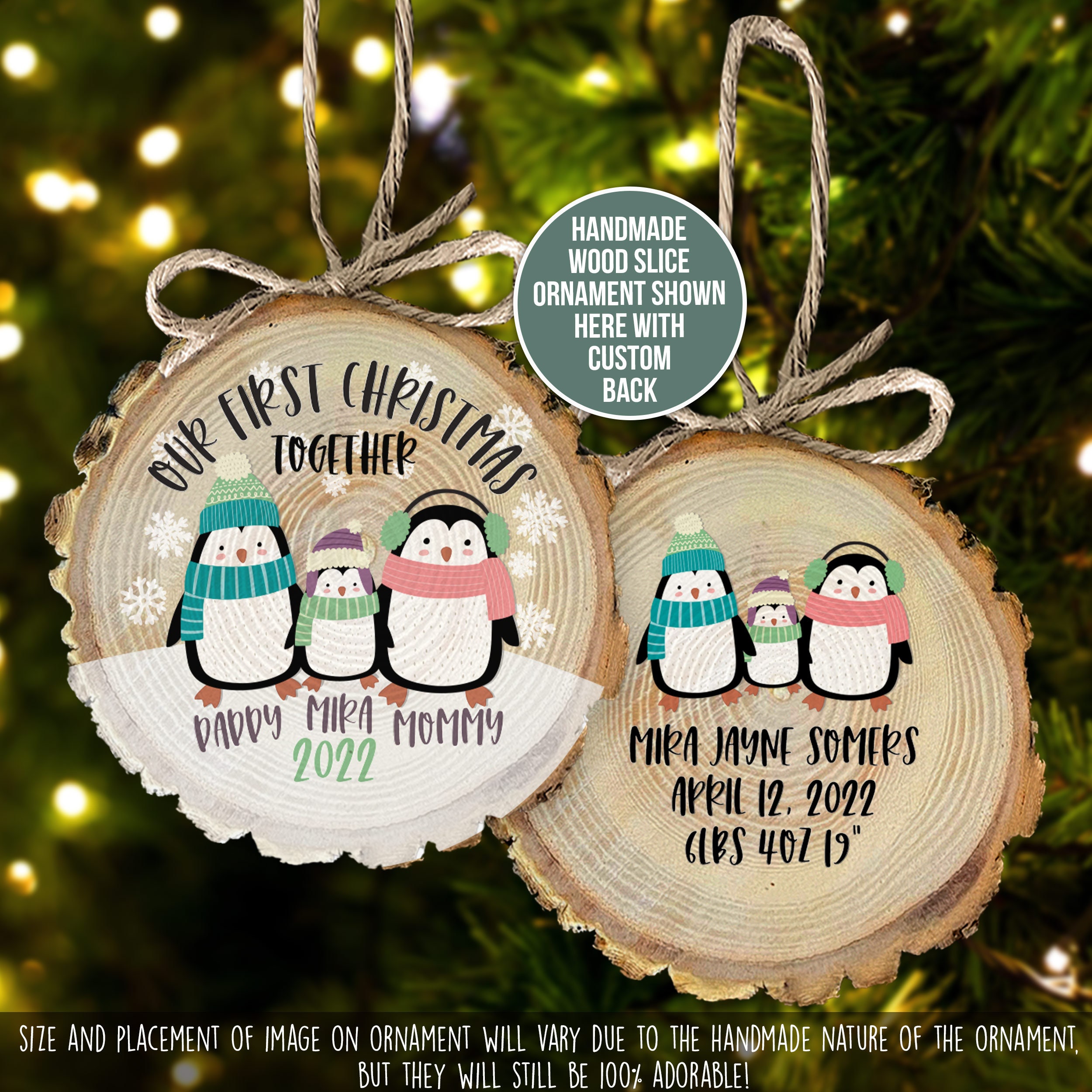 Our First Christmas Wood Slice Ornament | Penguin Family 1st