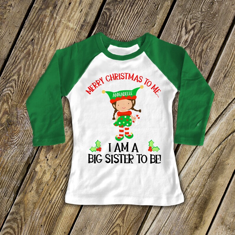 Big sister shirt personalized Christmas big sister to be raglan christmas elf big sister to be shirt pregnancy announcement SNLC2-005-R image 2