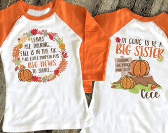 Big sister to be shirt fall pregnancy announcement raglan shirt - pumpkin patch Thanksgiving big sister announcement  22SNLF-037-R