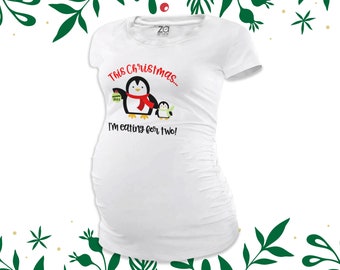 Christmas penguin eating for two  long or short sleeve maternity or non maternity  pregnancy announcement Tshirt MMAT-057
