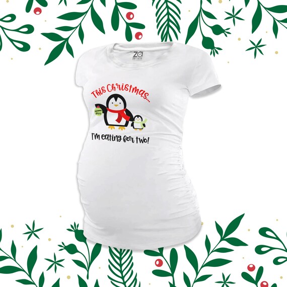 Christmas penguin eating for two  long or short sleeve maternity or non maternity  pregnancy announcement Tshirt MMAT-057