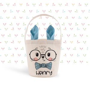 Boy easter basket | blue bunny ears easter bag | boy bunny eye glasses and bow tie personalized easter bunny basket bag-cn-estr-007