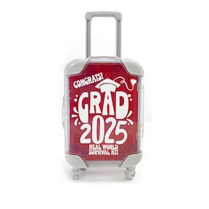 May include: A red suitcase with a white graduation cap and the text "Congrats! Grad 2025 Real World Survival Kit" printed on it.