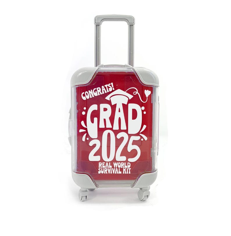 May include: A red suitcase with a white graduation cap and the text "Congrats! Grad 2025 Real World Survival Kit" printed on it.