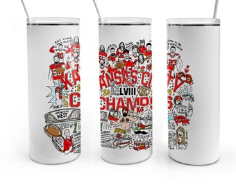 Kansas City Super Bowl LVIII champs tumbler hand drawn KC football moments 2023 2024 championship souvenir gift can cooler tumbler