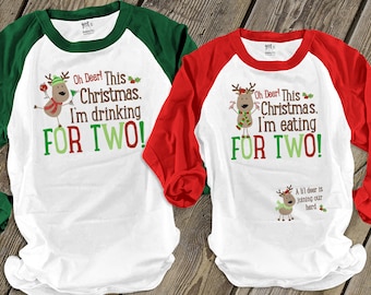 Daddy / mommy  Christmas set -  Christmas reindeer drinking/eating for two pregnancy announcement unisex adult raglan shirt set MMAT-010-011