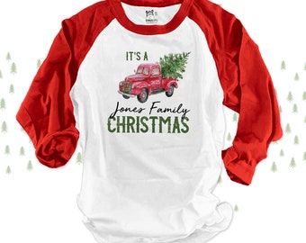 Merry Christmas Long Sleeve Raglan T-Shirt - Women's Plaid Splicing Casual Top With Truck & Tree Graphic, Gray, XX-Large