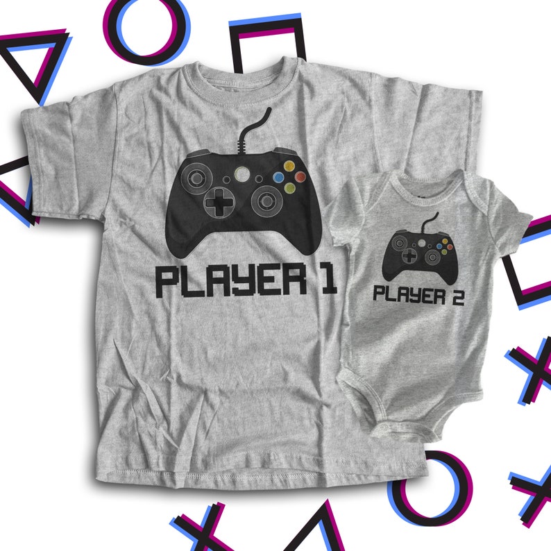Video game player 1 and player 2 matching dad and kiddo t-shirt or bodysuit gift set great gift for video game loving dad 22FD-005-Set image 2