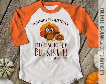 Thanksgiving big sister raglan shirt | thankful turkey sister to be |thankful this year big sister | pregnancy announcement 22SNLF-042-GR