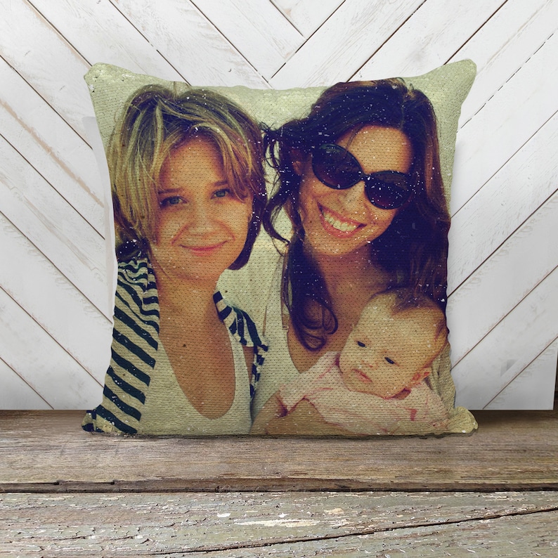 Family photo sequin pillow custom image reversible sequin mermaid pillowcase mothers day or birthday decorative pillow gift MSPC-015 image 3