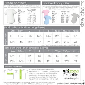 May include: Size chart for white and colored bodysuits, basic t-shirts, and girls' cut t-shirts. The chart includes sizes for newborns, 3 months, 6 months, 9 months, 12 months, 18 months, 24 months, and youth sizes. The chart also includes measurements for length and width in inches.