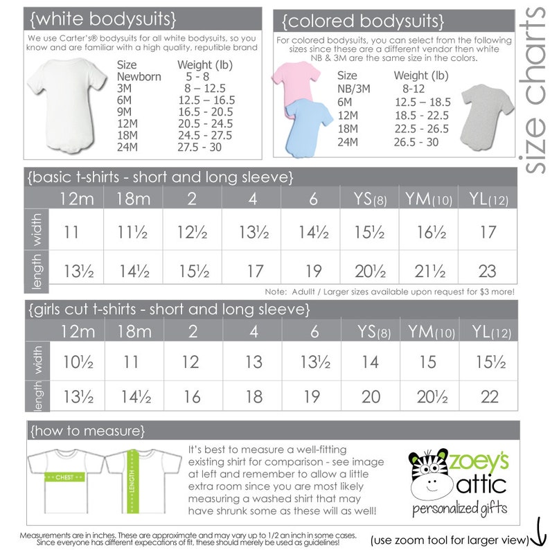 May include: Size chart for white and colored bodysuits, basic t-shirts, and girls' cut t-shirts. The chart includes sizes for newborns, 3 months, 6 months, 9 months, 12 months, 18 months, 24 months, and youth sizes. The chart also includes measurements for length and width in inches.