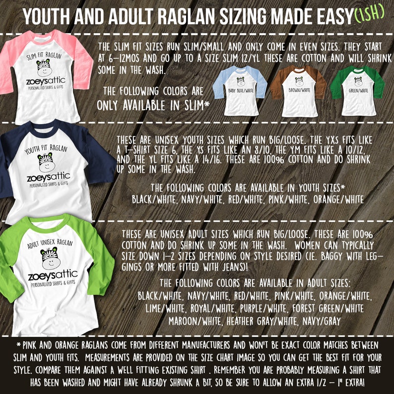 Pode incluir: Uma tabela de tamanhos para camisas raglan para crian&ccedil;as e adultos. A tabela mostra diferentes tamanhos e cores de camisas, bem como informa&ccedil;&otilde;es sobre como as camisas se ajustam. A tabela tamb&eacute;m inclui o nome da marca "zoeysattic".