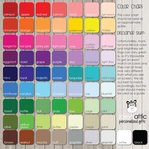 May include: Color chart with 36 color swatches, each labeled with a color name. The chart is on a woodgrain background. The text "COLOR CHART" and "DISCLAIMER STUFF" is at the top of the chart. The text "zoey'sattic personalized gifts" is at the bottom of the chart.