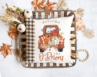 Fall throw pillow | welcome autumn home decor throw pillowcase pillow | vintage pickup truck with pumpkins personalized porch pillow pil-219