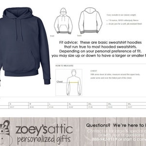 May include: A size chart for hooded sweatshirts with a navy blue sweatshirt, a white and gray illustration of a person measuring their chest, and the text "Cozy sweats in our classic weight. 7.8-ounce, 50/50 cotton/poly fleece Air jet yarn for a soft, pill-resistant finish" and "Fit advice: These are basic sweatshirt hoodies that run true to most hooded sweatshirts. Depending on your personal preference of fit, you may size up or down to have a larger or smaller fit."