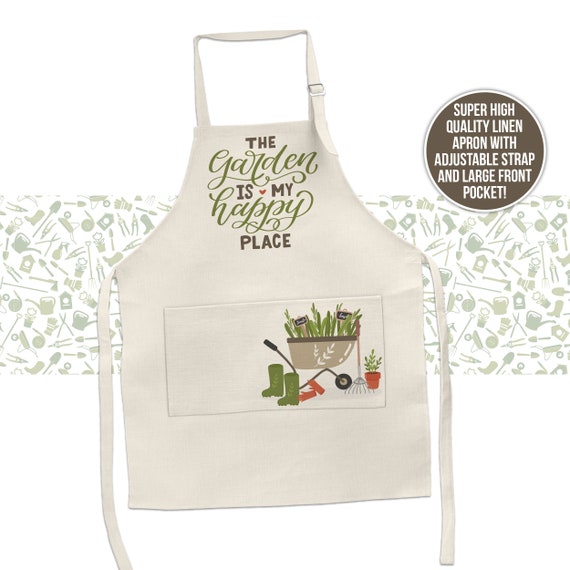 gardening apron the garden is my happy place poly linen apron for gardener  wheel barrel garden tools mothers day birthday gift apron-011