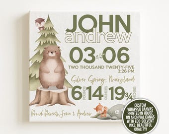May include: A green and brown woodland themed baby announcement canvas print with the name "JOHN andrew" and the date "03 06" with the text "TWO THOUSAND TWENTY-FIVE 2:26 PM Silver Spring, Maryland 6 14 19 3/4" and the text "Proud Parents Jean & Andrew".