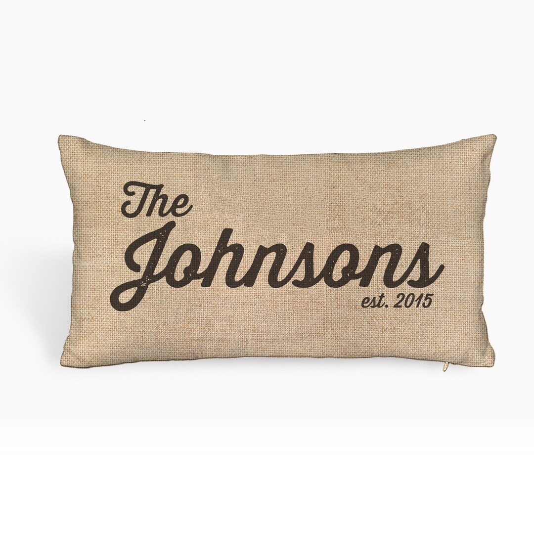 Personalized Family Name Throw Pillow Faux Burlap Lumbar Etsy