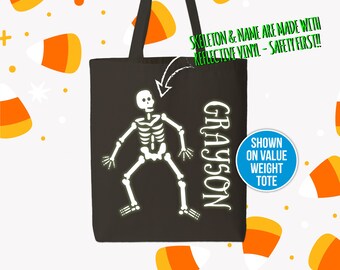 REFLECTIVE trick or treat bag - personalized skeleton and name RTSB