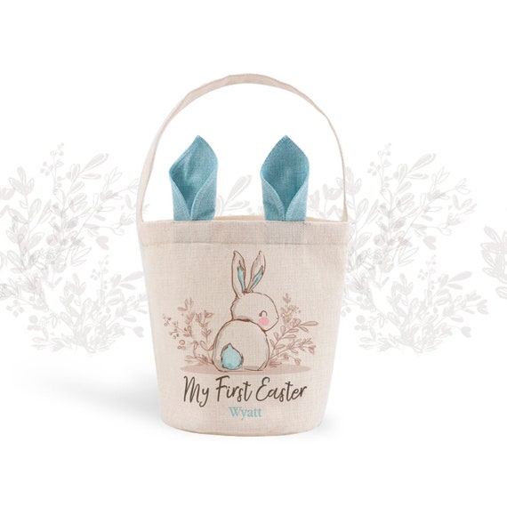 My First Easter Basket | boy blue bunny ears easter bag | sweet bunny with blue cottontail personalized easter bunny basket bag-cn-estr-010