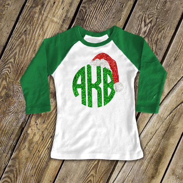 Holiday shirt monogram glitter Santa hat personalized GIRLS raglan Tshirt - adorable sparkly monogrammed raglan shirt MGSAR