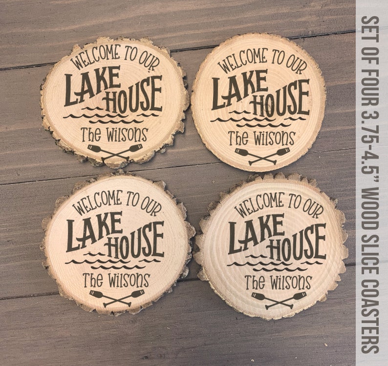 Personalized Lake House Coasters Lake House Gift Wood Etsy