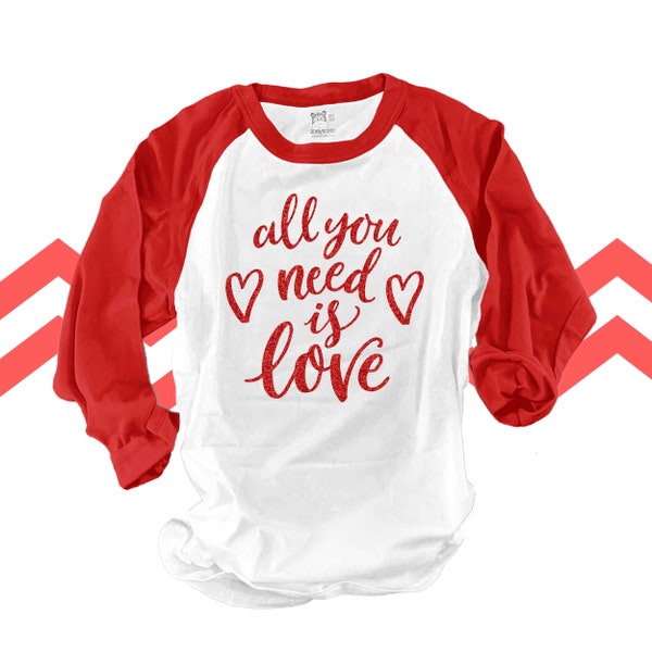 Valentine all you need is love red foil unisex ADULT raglan shirt - perfect for Valentine Day festivities SNLV-005-RRed