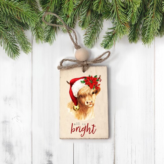 Christmas Santa Highland Cow Wood Ornament All is Bright - Etsy