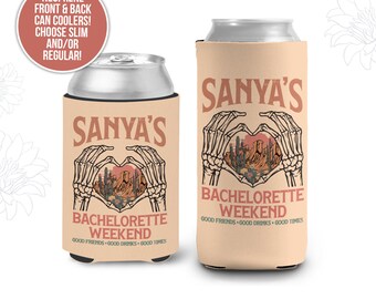 Bachelor/Bachelorette party can coolies | skeleton heart desert beverage insulators | personalized slim or regular can party favors MCC-201