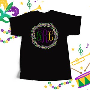 Mardi Gras shirt | monogram bead wreath mardi gras DARK tshirt | mardi gras monogram unisex crew neck or v-neck shirt | party tee SNLMG-011D