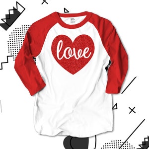 Valentine shirt love sparkly red heart ADULT raglan shirt - fun red glitter or red foil vinyl Valentine's Day shirt SNLV-011-RRed