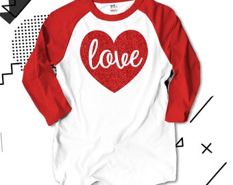 Valentine shirt love sparkly red heart ADULT raglan shirt - fun red glitter or red foil vinyl Valentine's Day shirt SNLV-011-RRed