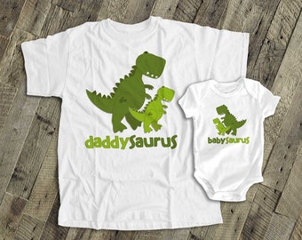 daddysaurus and babysaurus matching dad and kiddo t-shirt or bodysuit gift set for new daddy or Father's Day Dinosaur theme 22FD-012-Set