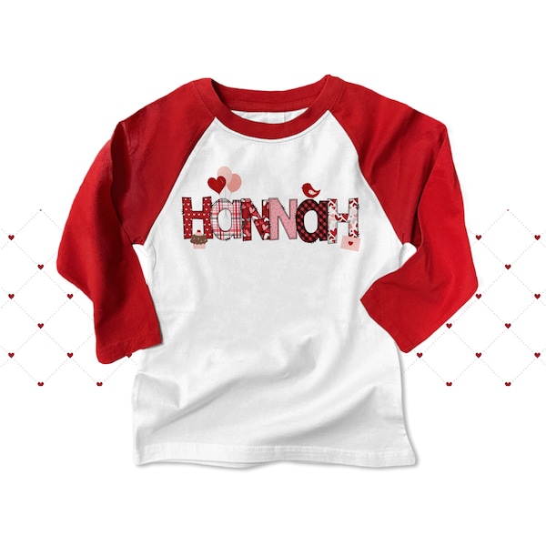 Valentine shirt girl | personalized name valentine's day raglan shirt school party shirt | red and pink valentine pattern text 22SNLV-096-R