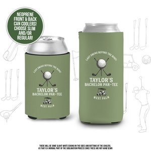 Golf Bachelor party can coolies | funny Last Swing golf personalized beverage insulators | slim or regular can size golf party favors