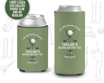 Golf Bachelor party can coolies | funny Last Swing golf personalized beverage insulators | slim or regular can size golf party favors