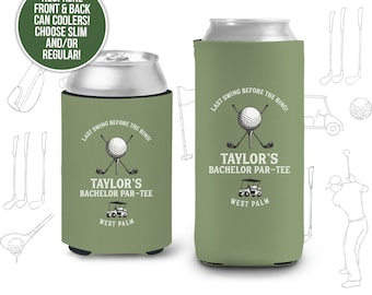 Golf Bachelor party can coolies | funny Last Swing golf personalized beverage insulators | slim or regular can size golf party favors