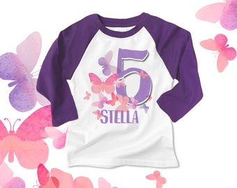 Birthday girl shirt | butterfly any age raglan birthday shirt | watercolor butterfly birthday shirt | 22BD-131-R