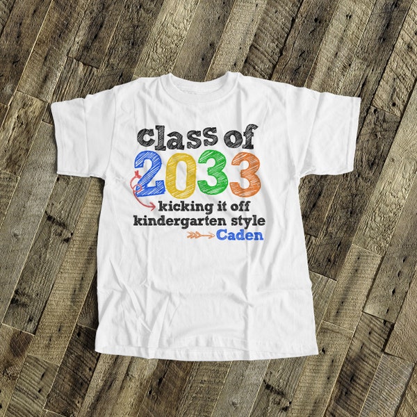 camisa de jardín de infantes - clase de camisa de jardín de infantes de 2033 o cualquier año colorida clase escolar personalizada de 2033 camiseta de jardín de infantes 22MSCL-033-B