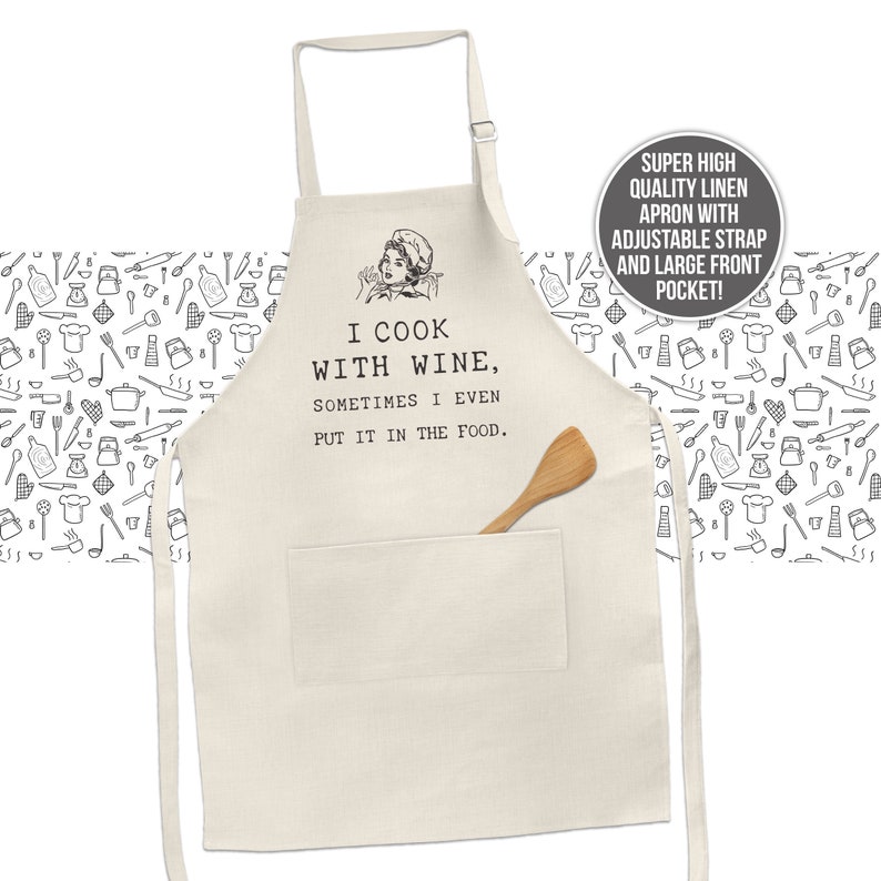 linen apron funny cooking with wine apron gift i like to cook with wine sometimes put it in the food funny linen apron gift for moms grandma image 2