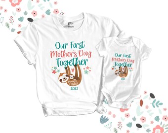 Matching mom and baby First Mothers Day mommy baby sloth matching shirt and bodysuit gift set - great gift for Mothers Day 22MD-010-Set