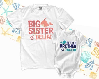 Big brother little sister or any brother/sister combination nautical anchor and whale sibling Tshirt and bodysuit set MBEH-002N-set